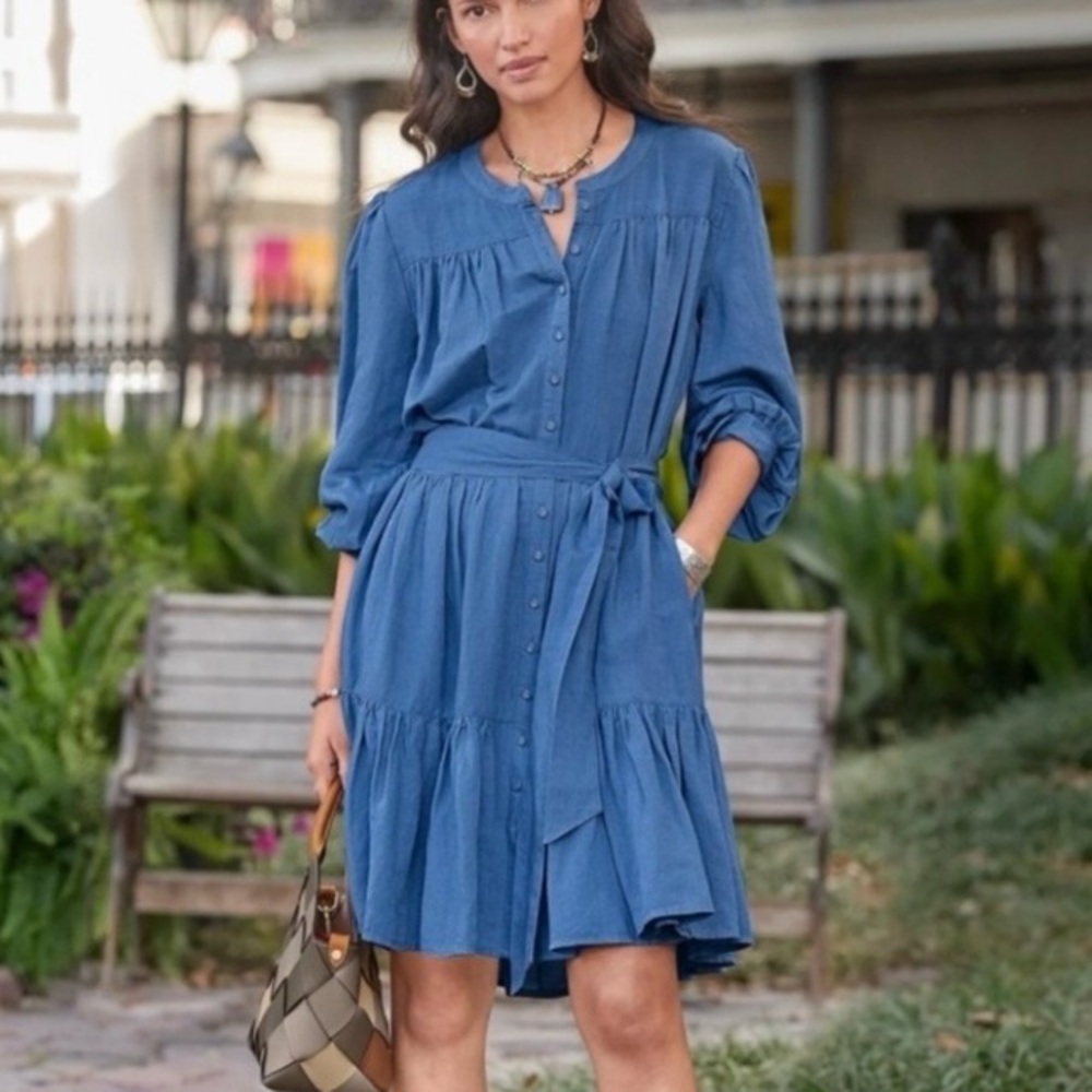 SUNDANCE LINEN DENIM CHAMBRAY ELDERFLOWER FLOUNCY SHIRT DRESS SIZE LARGE NWT